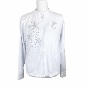 Tia Sweater Women Medium White Zip Up Sparkly Embellished Starfish Vintage